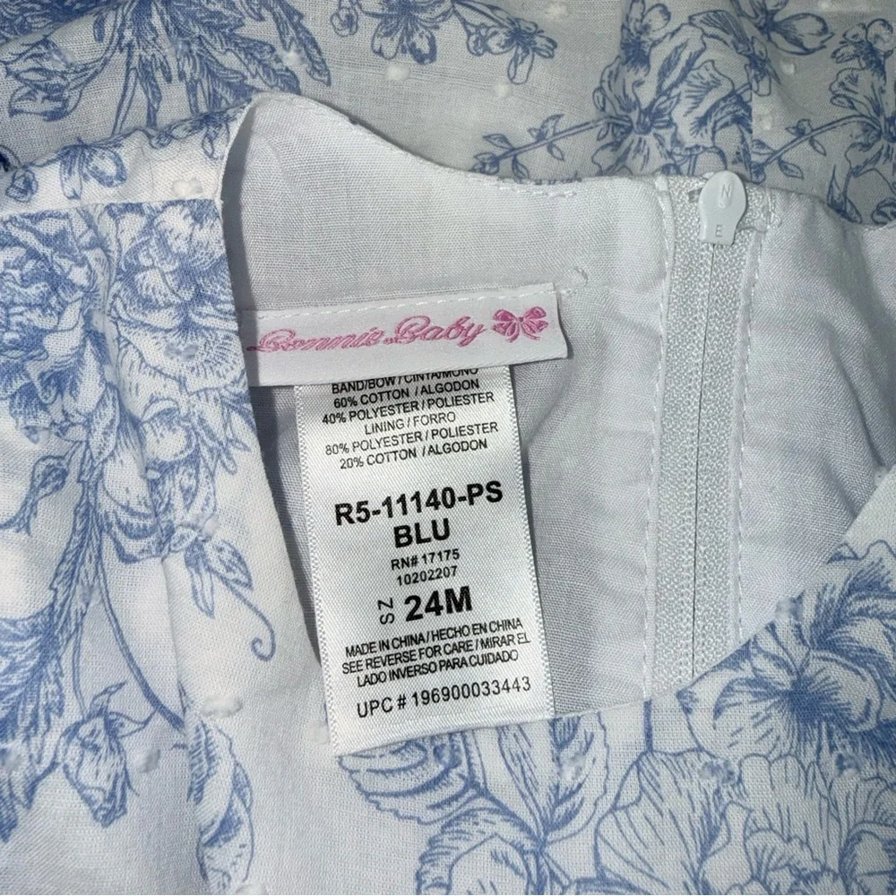 Bonnie Baby Dotted Swiss Seersucker Blue Toile Floral Print Dress with Bloomers - Picture 5 of 5